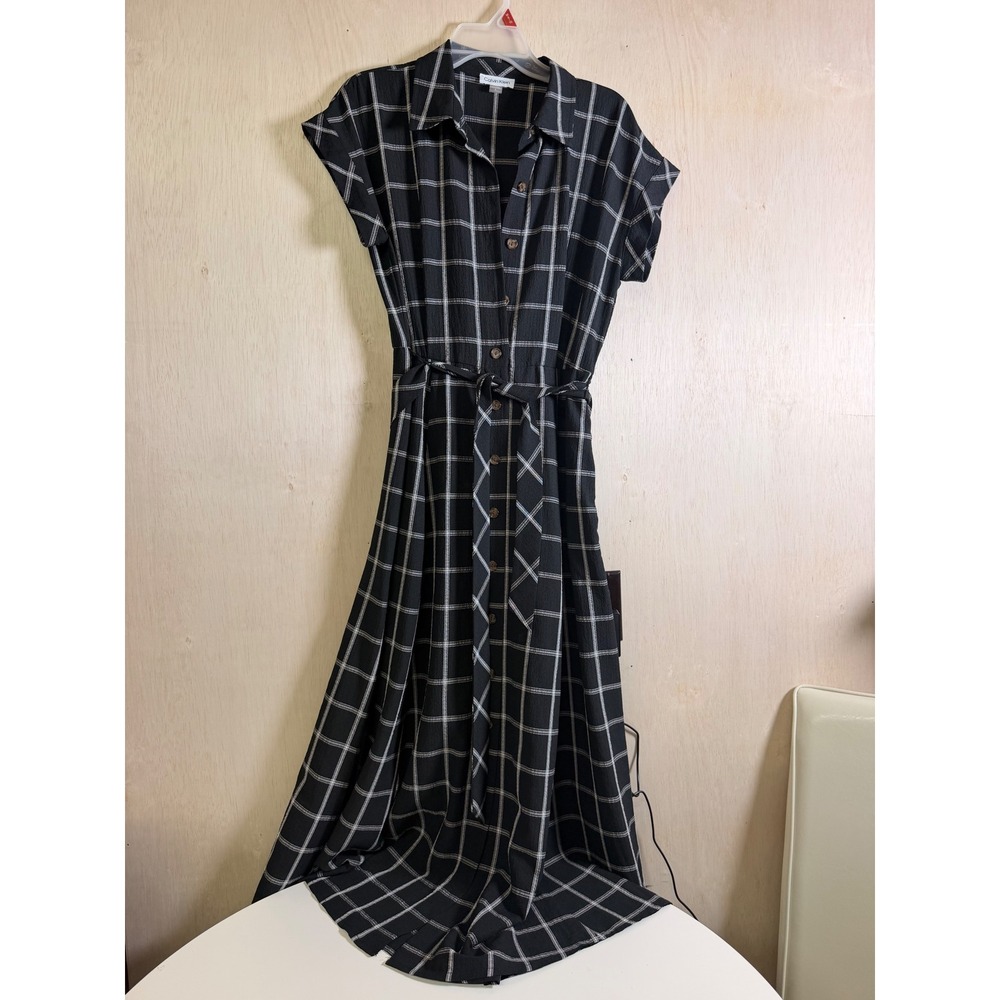 Calvin Klein Maxi Shirt Dress Womens 8 Black Plaid Excellent Tie Waist Button Up